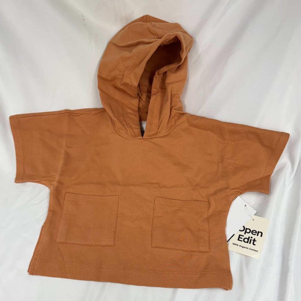 Girls Open Edit Throw On Knit Hooded Poncho, Organic Cotton, Tan, 9 Months, NWT